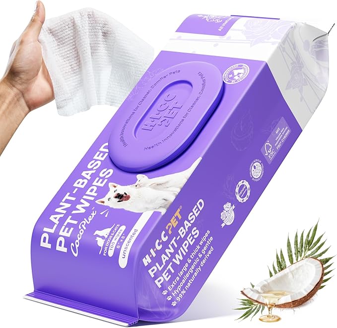 HICC PET Wipes for Dogs and Cats, Vet-Recommended Pets Cleaning Wipes, Deodorizing Hydrating, Nourishes Smoothes Fur, Fermented Coconut Oil Grooming Horse Skin, Coat & Hoof, Unscented, 100 Count
