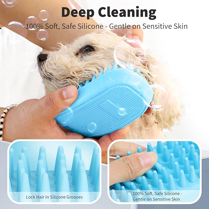 Bath Brushes for Pet Grooming & Massage,Rubber Scrubbing Brush for Dogs,Pet Silicone Shampoo Brush,Ideal for Long & Short Haired Dogs and Cats, Essential Puppy Accessory,Blue