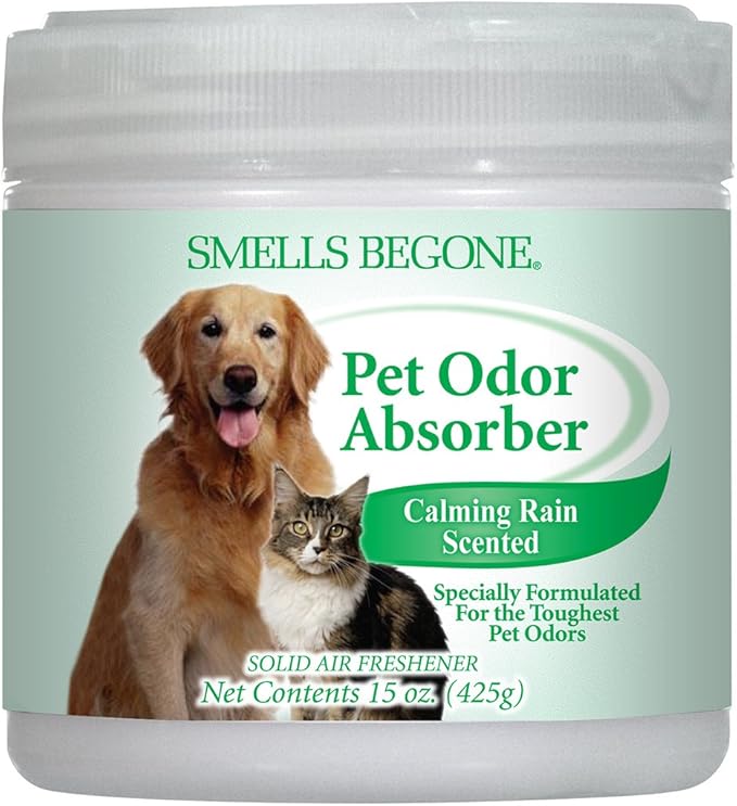 SMELLS BEGONE Pet Odor Absorber Gel - Air Freshener - Absorbs Odor from Bathrooms, Cars, Pet Areas, Boats & RVs - Made with Essential Oils - Calming Rain Scent - 15 Ounce