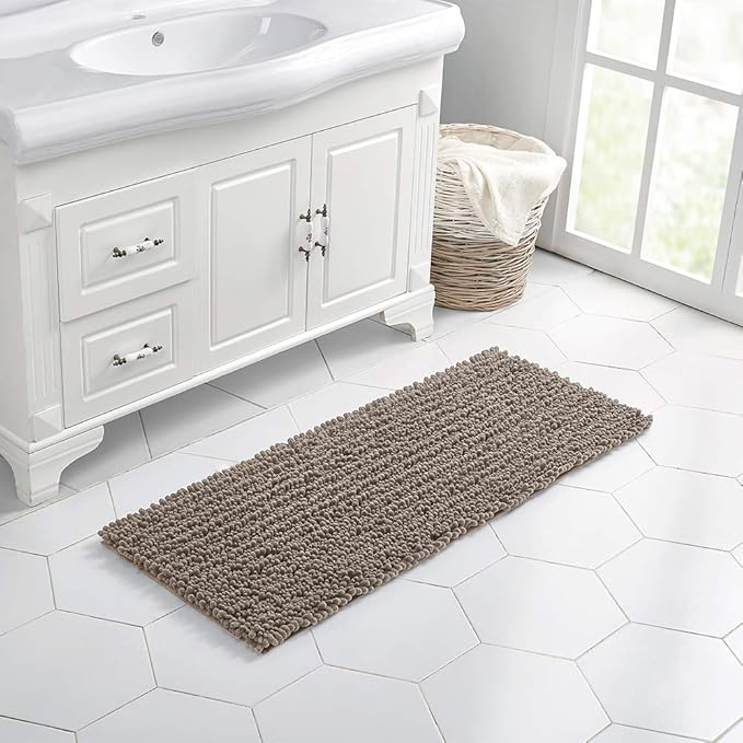 Walensee Bathroom Rug Non Slip Bath Mat (44x24 Inch Taupe) Water Absorbent Super Soft Shaggy Chenille Machine Washable Dry Extra Thick Perfect Absorbant Best Large Plush Carpet for Shower Floor