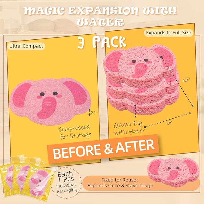 3 Pcs Cute Compressed Wood Pulp Cotton Sponges,Elephant Animal-Shaped Reusable and Highly Absorbent for Dishwashing, Kitchen Surfaces, and Bathroom Cleaning