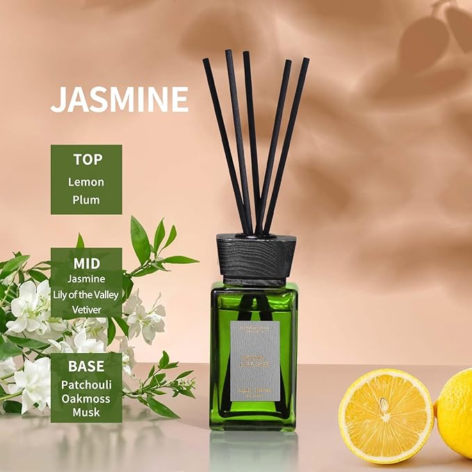 Reed Diffuser Set, 5.2 oz Jasmine Scented Reed Diffuser with Sticks, Home Fragrance Reed Diffusers for Home Air Freshener, Bathroom Bedroom Apartment Office Shelf Decor