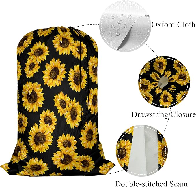 Swono Sunflowers Large Capacity Laundry Hamper Basket Classic Floral Leaf Romantic Bouquet Blossom Storage Baskets for Bedroom, Bathroom, Dorm, Washing Room, Machine Washable, Black Yellow
