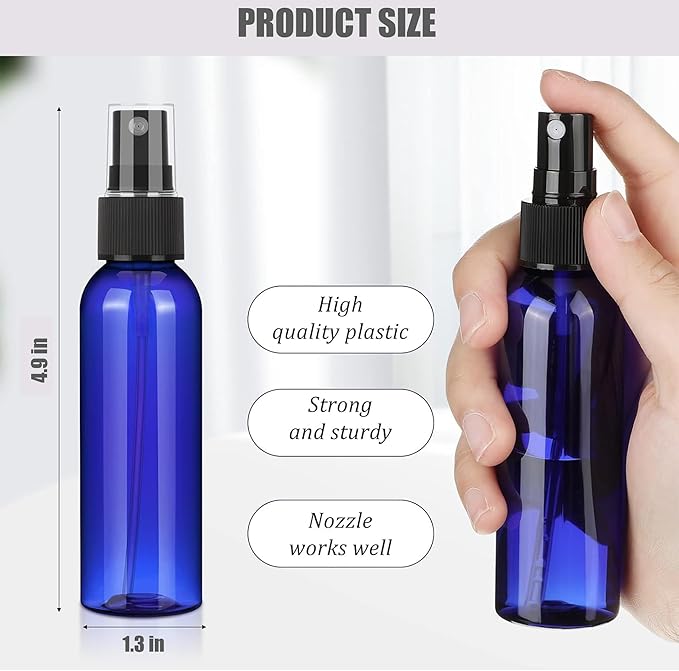 100 Pack 2 Oz Plastic Mini Spray Bottles with Refillable Mist Sprayer for Travel and Household Use for Perfume Essential Oils Cleaning(Blue)