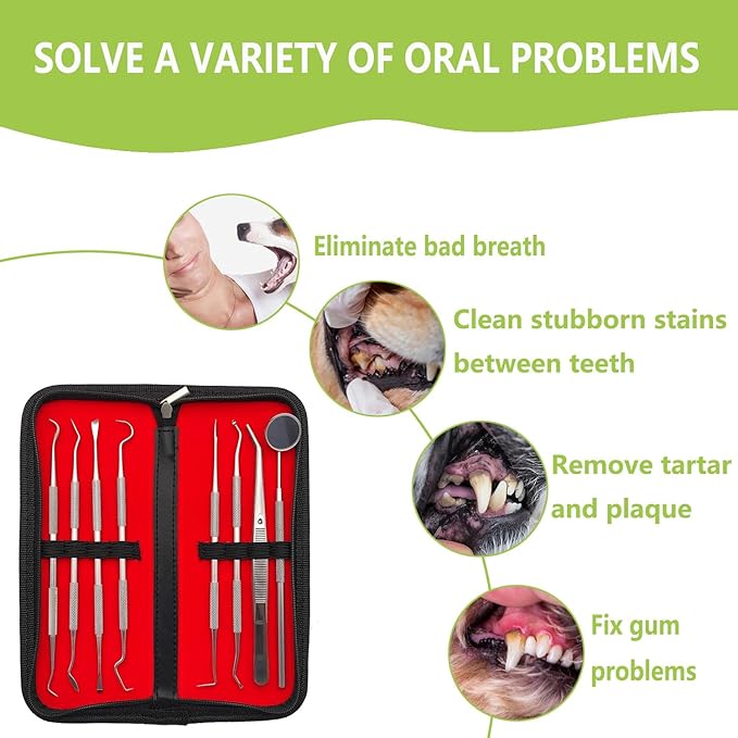 8 Pcs Dental Tools Pet Dog Teeth Cleaning Tool Kit, Stainless Steel Dental Picks Mouth Mirror Tooth Scraper Plaque Tartar Remover, Pets Oral Care Hygiene Set for Dogs and Cats Use with Case