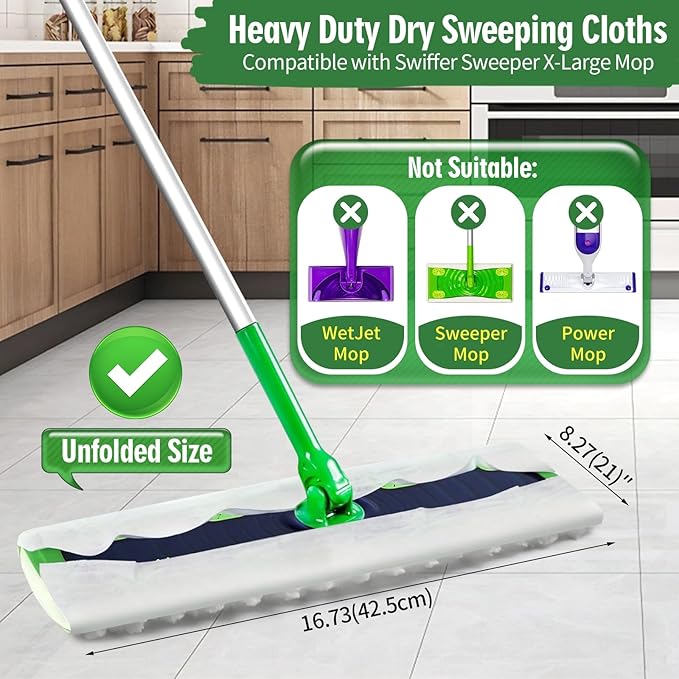 Heavy Duty Dry Sweeping Cloths Compatible with Swiffer Sweeper XL Mop, Sweeper X-Large Dry Cloth Refills for Floor Mopping and Cleaning, Disposable Pet Dry Pads Refills, 80 Count