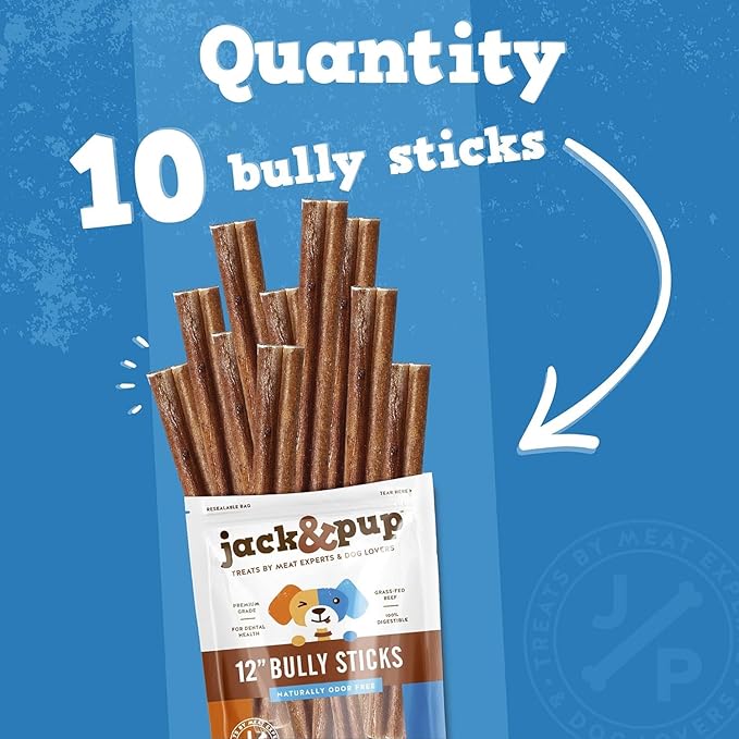 Jack&Pup 12-inch Bully Sticks for Dogs (10 Pack) All Natural Pizzle Sticks for Dogs | Long Lasting Bully Sticks for Medium to Heavy Chewers