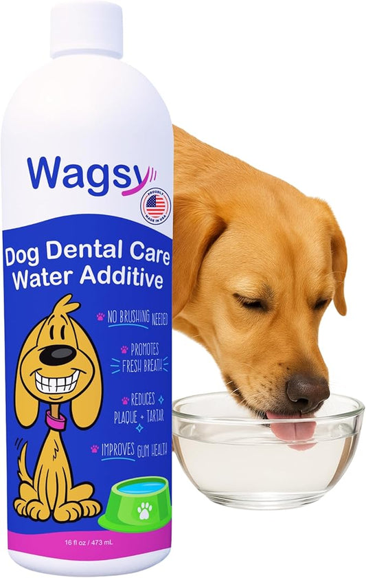 WAGSY Dog Breath Freshener & Dental Care Water Additive for Dogs Teeth - Made in USA, Naturally Derived Dog Mouthwash for Bad Breath, Plaque & Tartar Control, Whiter Teeth & Fresh Breath