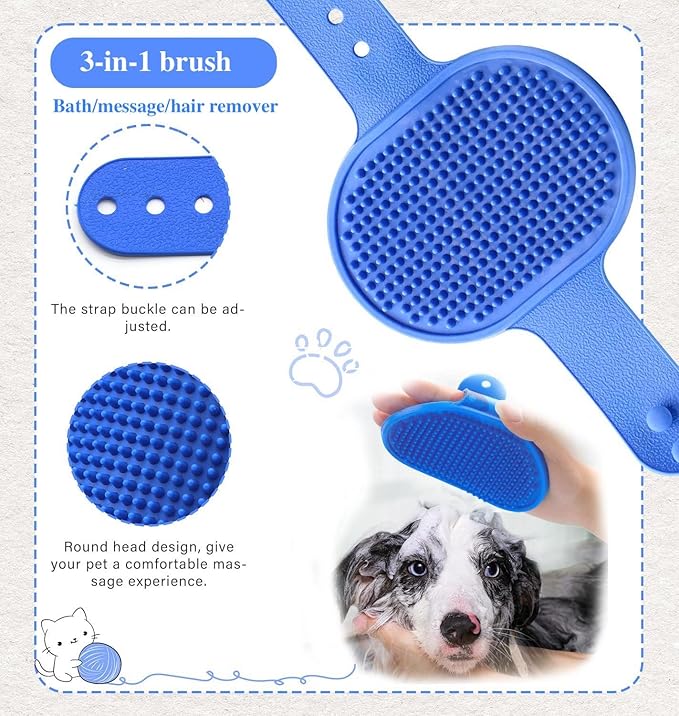 3PCS Dog Bath Brush, Dog Shampoo Brush Dog Scrubber for Bath, No Slipping Pet Shower Grooming Massaging Washing Brush with Adjustable Ring Handle for Short & Long Haired Dogs/Cats (Blue)