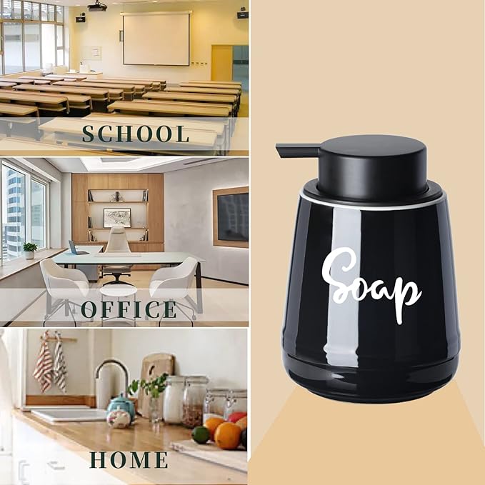 LEETOYI Bathroom Countertop Dispensers Modern Ceramic Soap Lotion Dispenser Bottles, Hand Soap Dispenser for Bathroom, Dish Soap Dispenser for Kitchen, Easy to Press Pump (Black, Labeled Soap)