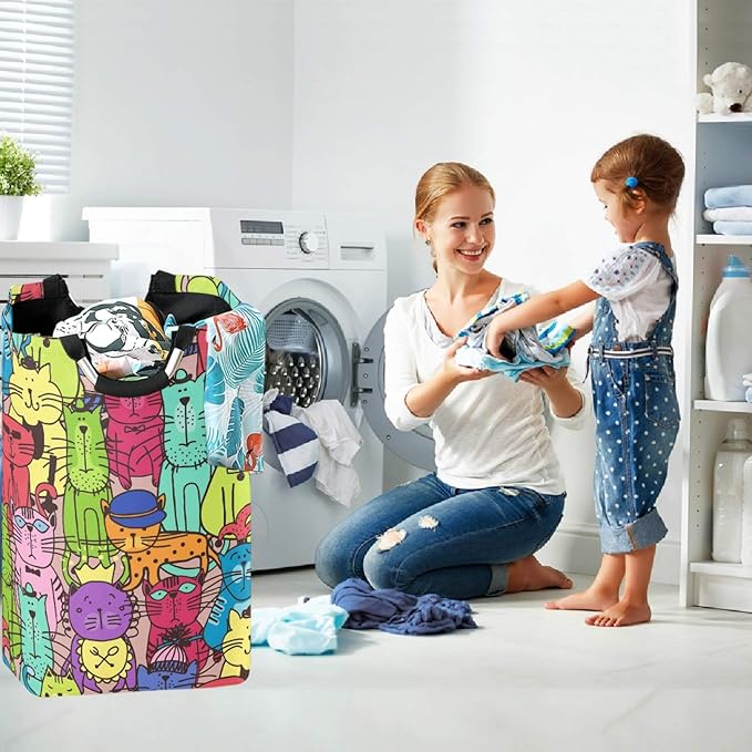 visesunny Doodle Cat Pet Kitten Animal Large Laundry Hamper with Handle Foldable Durable Clothes Hamper Laundry Bag Toy Bin for Bathroom, Bedroom, Dorm, Travel