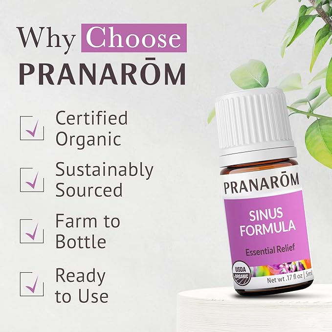 Pranarom - Sinus Formula Essential Oil Blend (5ml) - Olive Oil, Eucalypts, Peppermint, Rosemary, Frankincense, & Thyme - 100% Pure Essential Oil for Topical Use | USDA and ECOCERT Certified Organic
