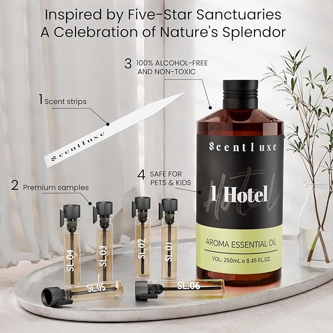 Hotel Diffuser Oil & Aroma Essential Oil Blend Luxury 1 Hotel Inspired Aromatherapy with Jasmine, Pink Pepper, Pineapple, Cedar & Amber for Ultrasonic Diffusers & Nebulizers - 8.45 fl oz, 250 mL