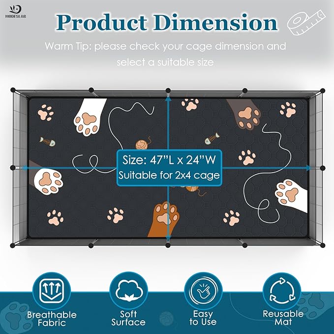 2-Pack Guinea Pig Cage Liner Washable, 24in x 47in Ultra-Absorbent Guinea Pig Bedding for Cage Non-Slip Leak-Proof Pee Pads for Dogs Rabbit Bunny Cat Litter Mat, Black