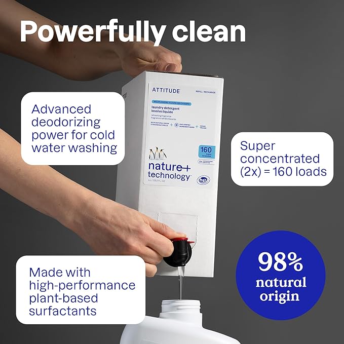 ATTITUDE Liquid Laundry Detergent Refill, EWG Verified, HE Compatible, Plant-Based & Vegan, Natural Laundry Soap, Summer Berries Scent, 160 Loads, 135.26 Fl Oz