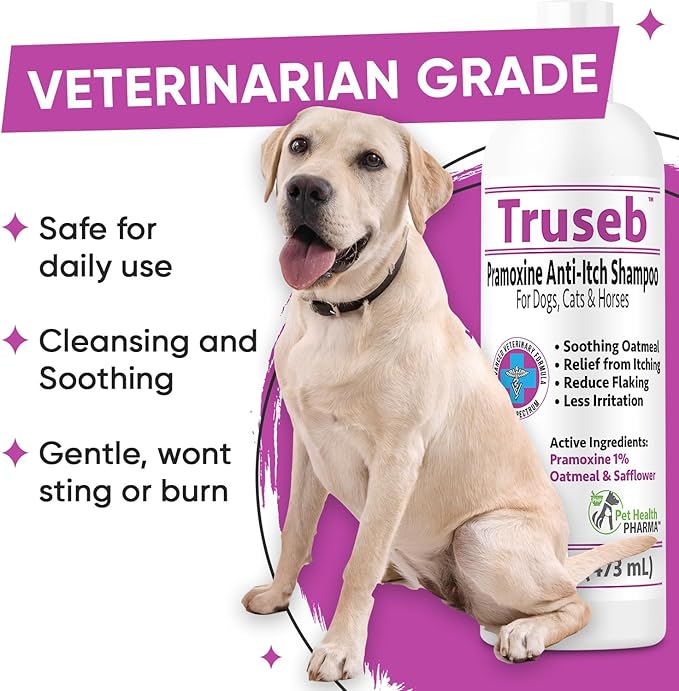 Truseb | Pramoxine 1% Shampoo for Itching Shampoo for Dogs and Cats with Eczema Relief from Scratchy, Itchy, Dry Skin, Hot Spots Moisturizing Oatmeal (Pramoxine 1% Shampo, 16 Oz)