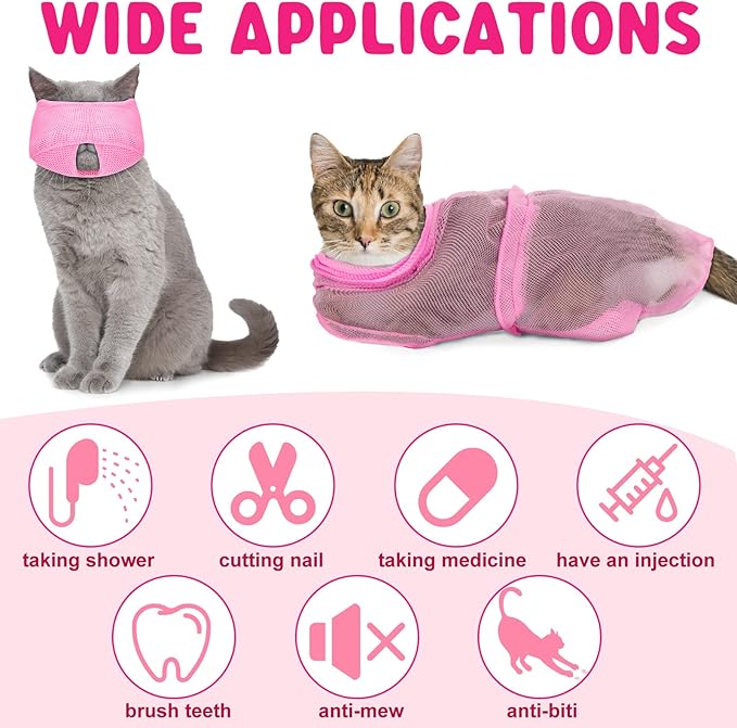 9 Pcs Cat Bathing Bag Set Cat Shower Bag Anti Bite and Scratch for Pet Grooming Washing Brush Comb Muzzle Nail Clipper Nail File Tick Tool(Pink)