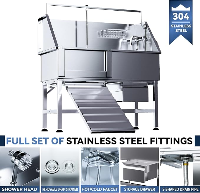 46" Dog Washing Station, Professional Stainless Steel Dog Bathtub w/Ramp & Storage Drawer, Adjustable Grate, Non-Slip Design, Home Grooming & Large Dogs (Left Ramp)