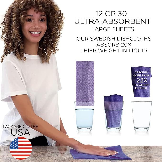 LOLA Wowables XL Swedish Dishcloths, 30 Reusable Eco Cleaning Cloths, 11" x 10", Ultra Absorbent Cellulose Sponge Towel, Compostable, Made in Germany