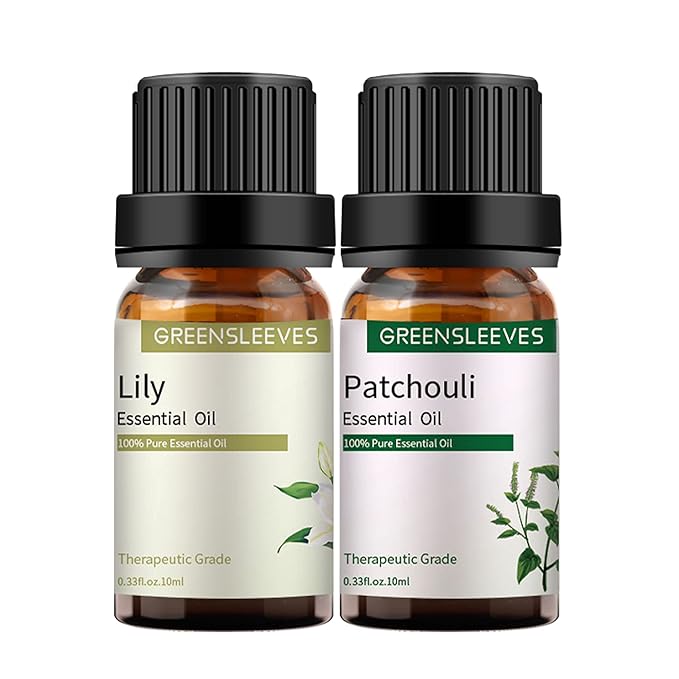 GREENSLEEVES Patchouli Lily Essential Oil Set, 2 x 10ml Pure Plant-Based Fragrance Oil for Aromatherapy, Essential Oils for Diffuser, Massage, Bath Bomb, Scented Candle Soap Making