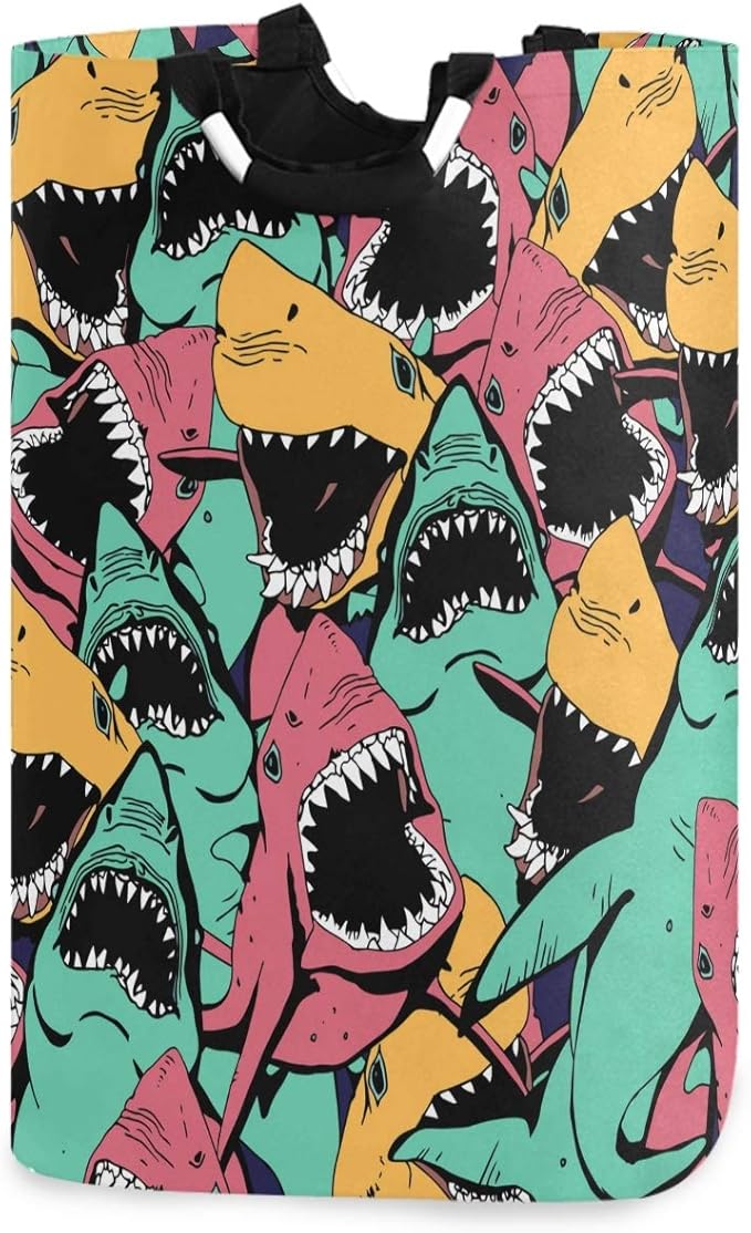 visesunny Colorful Shark Cartoon Large Laundry Hamper with Handle Foldable Durable Clothes Hamper Laundry Bag Toy Bin for Bathroom, Bedroom, Dorm, Travel