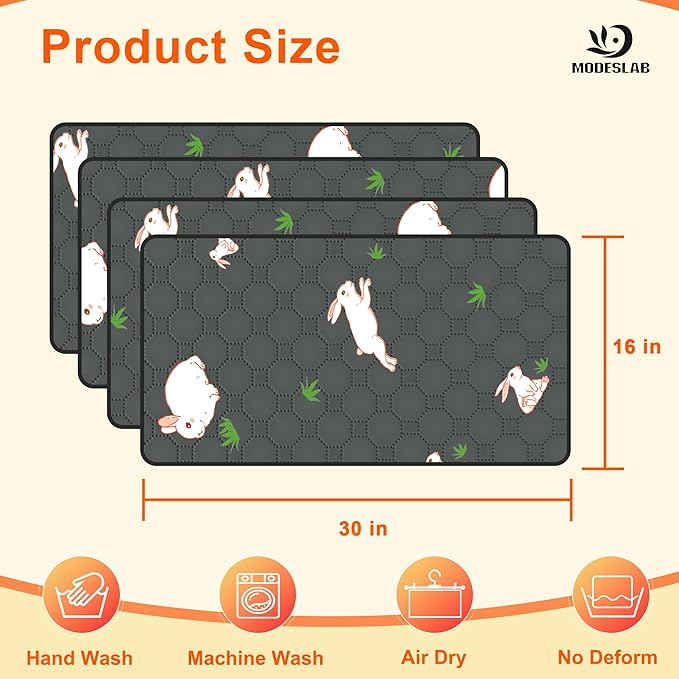 4-Pack Guinea Pig Cage Liner, 16in x 30in Fast Absorption Washable Bedding Pee Pads for Dogs Puppy Rabbit Small Animal Cage Mat, Leakproof & Non-Slip