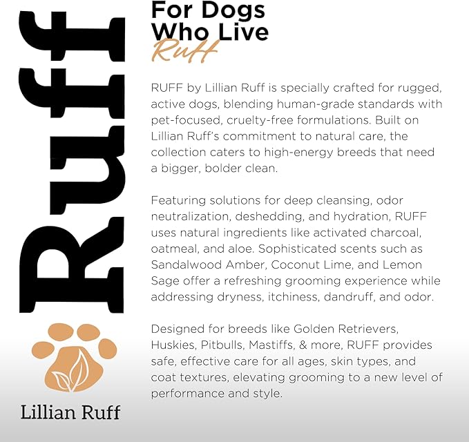 Ruff by Lillian Ruff Oatmeal Dog Shampoo Sandalwood Amber – Moisturizing Pet Shampoo with Aloe & Coconut Oil – Relieves Itching, Hot Spots & Odor – Puppy Safe – Made in USA (Gallon with Pump)