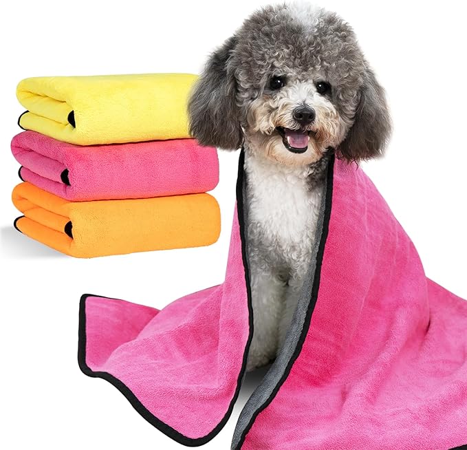 MICOOYO 3PCS Dog Towels for Drying, Super Absorbent Pet Grooming Towels, Quick Drying Dog Bath Towels for Puppy Cats (Yellow, Pinkcolor, Orange, XS)