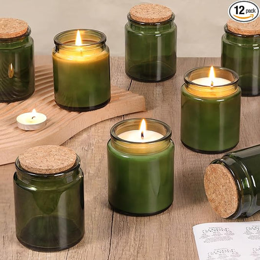 12Pcs Green Candle Jars for Making Candles, 7.5oz Glass Jars with Wooden Lids and Labels, Candle Containers for DIY, Gifts, Candles Making Supplies, Table Decor