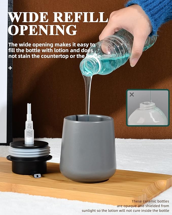 BosilunLife Grey Lotion Dispenser - Modern Ceramic Soap Dispenser Bathroom 12 oz Bottles Lotion Hand Pump Dispenser Black Pump Dish Liquid Dispenser for Kitchen Hand Wash Dispenser