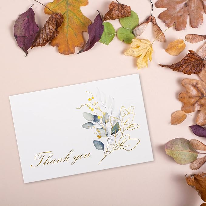100 Bulk Thank You Cards with Envelopes White and Greenery Gold Foil – Floral watercolor Cards Thank You Notes with Envelopes and Eucalyptus leaves for Wedding Bridal Baby Shower Graduation Fune