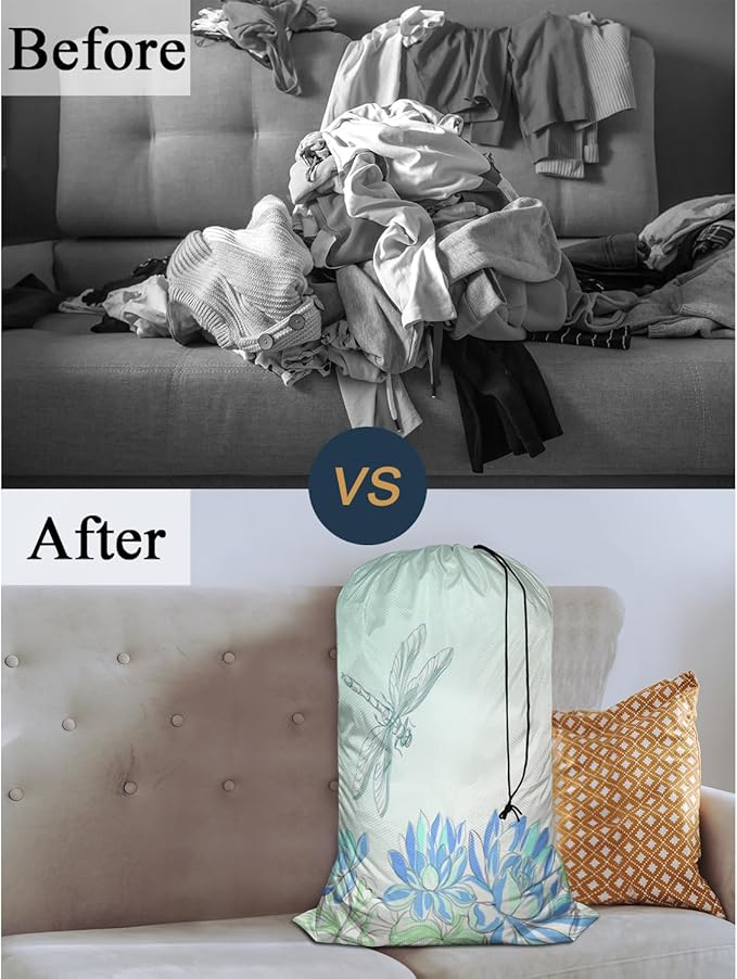 Swono Lotus Flower Laundry Bag with Strap Machine Washable Large Dirty Clothes Organizer Dragonfly Summer Floral Pond Blossom Botany Easy Fit Laundry Hamper or Basket, Carry Up to 4 Loads of Laundry