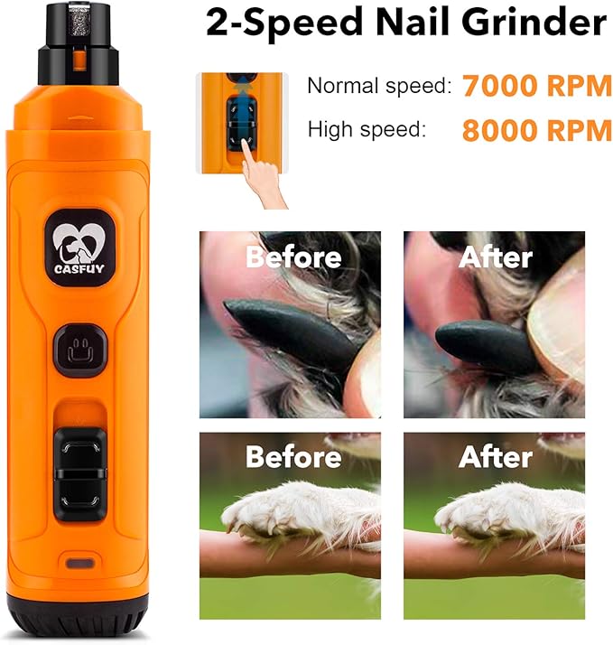 Casfuy Dog Nail Grinder with 2 LED Light - New Version 2-Speed Powerful Electric Pet Nail Trimmer Professional Quiet Painless Paws Grooming & Smoothing for Small Medium Large Dogs and Cats (Orange)