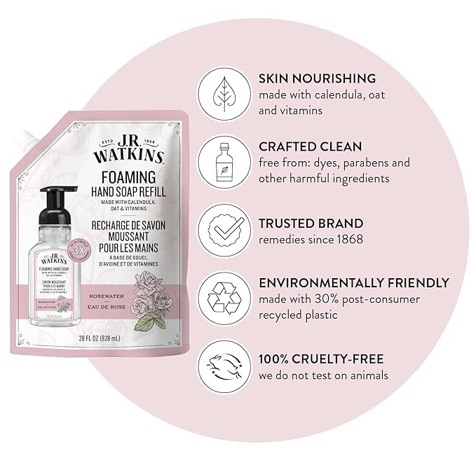 J.R. Watkins Foaming Hand Soap Refill, Moisturizing Foam Hand Wash, Formulated with Plant-Based Cleansers, Alcohol-Free, Cruelty-Free, Rosewater, 28 fl oz, 2 Pack