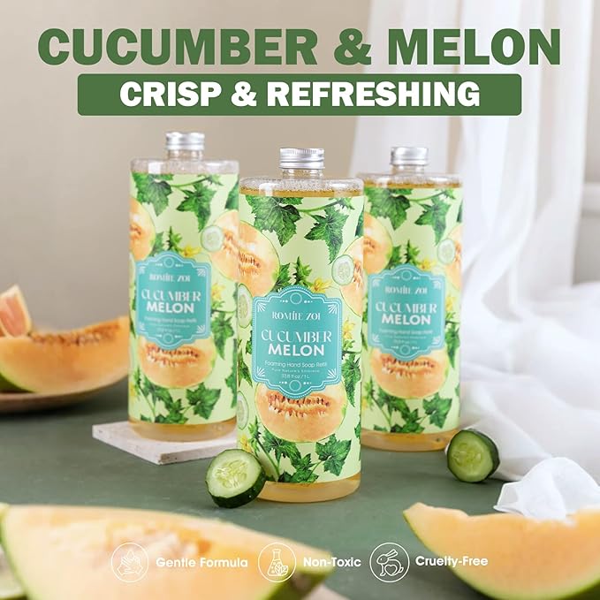 ROMIIE ZOI Natural Cucumber&Melon Foaming Hand Soap Refills 3-Pack (33.8 Fl Oz Each) with Dispenser - Plant-Based, Non-Toxic, Large Volume for Kitchen, Bathroom - Great Value Gift Set for Housewarming