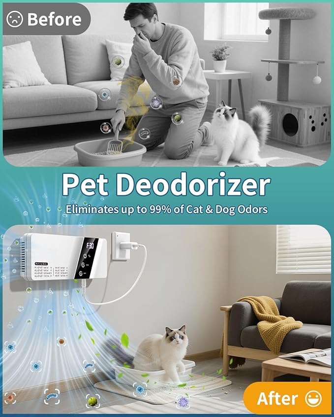 Cat Litter Deodorizer, Ozone Odor Eliminator for Strong Odor 99% Dog Odor Removal Air Ionizers with Negative Ion Air Purifier for Pets, Bedroom, Toilet, Kitchen, Smoke, Shoe, Travel, Car, Office