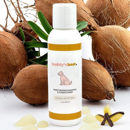 Buddy’s Best 4oz Travel-Size Dog Shampoo and Conditioner with Shea Butter, Oatmeal, Biotin, and Aloe Vera, Alcohol-Free Deep Moisturizer for Dry, Itchy Skin and Coats (Coconut Vanilla Bean)