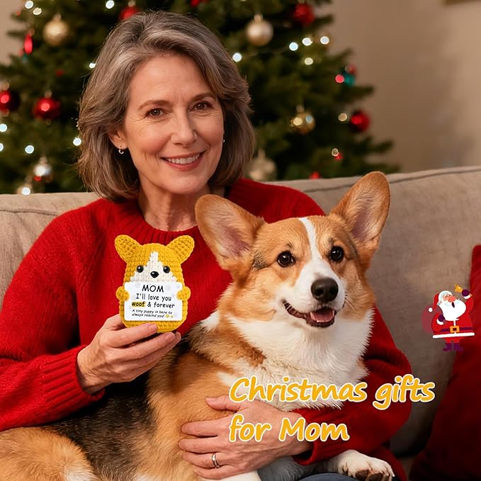 Mini Croche Corgi Mom Christmas Birthday Gifts from Daughter Son,Positive Crochet Puppy Gift for Dog Mom New Bonus Step Mama Mother in Law Present,Handmade Crochet Corgi Décor