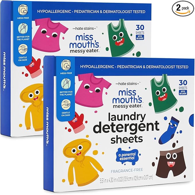 Miss Mouth's Messy Eater Laundry Detergent Sheets - 120 Loads Travel Friendly Detergent Sheets - Hypoallergenic, Sensitive Skin Safe, Pediatrician and Dermatologist Tested, Fragrance Free