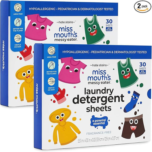 Miss Mouth's Messy Eater Laundry Detergent Sheets - 120 Loads Travel Friendly Detergent Sheets - Hypoallergenic, Sensitive Skin Safe, Pediatrician and Dermatologist Tested, Fragrance Free