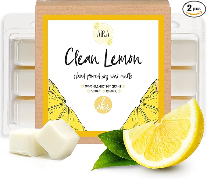 Aira Soy Wax Melt - Organic, Vegan, Kosher, Scented Soy Wax Cubes w/Essential Oil Blends - No Chemical 100% Soy Wax Melts for Electric/Tealight Melters - Hand-Poured Soy Tarts - Clean Lemon - 2 Pack