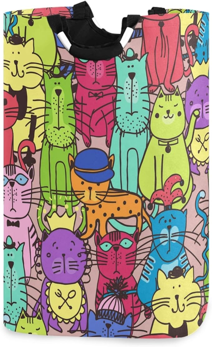 visesunny Doodle Cat Pet Kitten Animal Large Laundry Hamper with Handle Foldable Durable Clothes Hamper Laundry Bag Toy Bin for Bathroom, Bedroom, Dorm, Travel