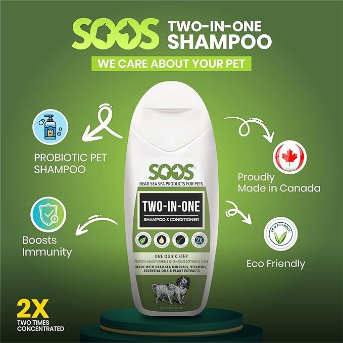 Soos Pets Two-in-One Shampoo Plus Conditioner for Dogs & Cats | 2-in-1 Natural Dead Sea Minerals | Cleansing & Moisturizing Formula | Gentle on Skin, Promotes Soft Shiny Coat - 250ml