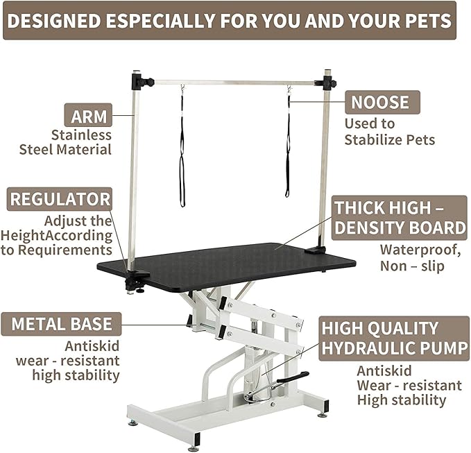 Hydraulic Dog Grooming Table, Heavy Duty Grooming Table for Small/Medium Dogs at Home, Pet Grooming Table with Adjustable Arm and Noose, Range 21-36 Inch, 43 Inch