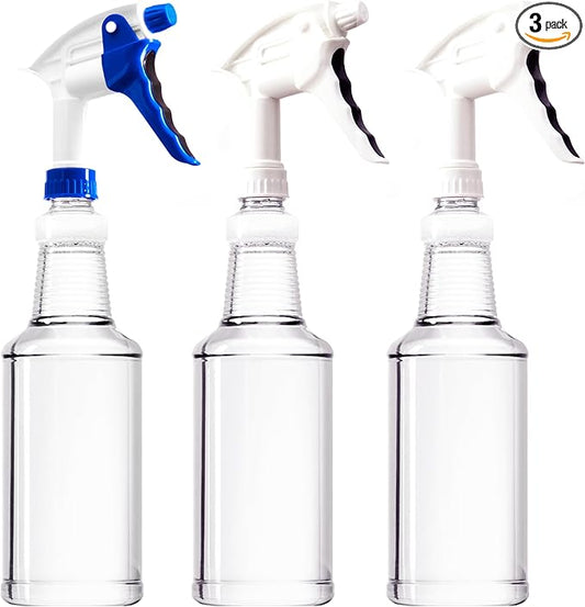 High Output, Leak Proof 32oz Spray Bottle 3 Pack - Spray Heads Included. Clear, Heavy Duty 32 Oz Plastic Sprayers for Mixed Chemicals, Bleach and Liquid Cleaner. Best Home Cleaning Supplies