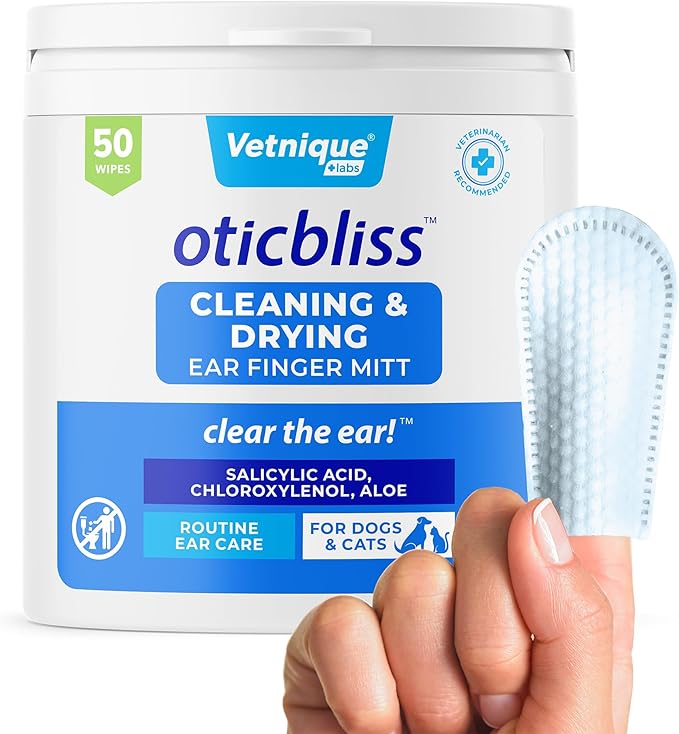 Vetnique Oticbliss Cat & Dog Ear Wipes - Dog Ear Infection Treatment or Dog Ear Cleaner Wipes for Dirty, Waxy, Smelly Dog Ears, Odor Control with Aloe Vera & Salicylic Acid (Finger Mitt Ear Wipes)