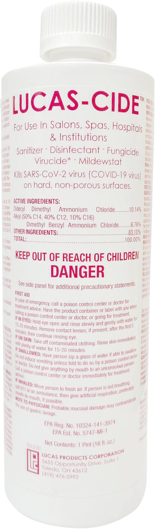 LUCAS-CIDE Salon and Spa Disinfectant Multipurpose Surface Sanitizer, EPA Disinfectant Cleaning Supplies Solution 16 oz (Pint) - Pink