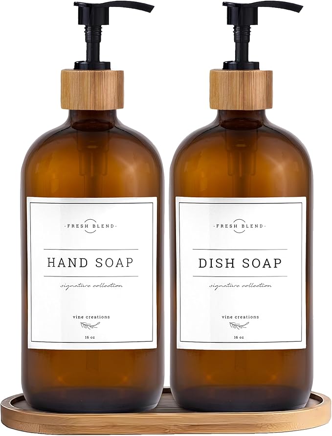 Vine Creations Amber Glass Soap Dispenser Set - Kitchen Soap Dispenser Set with Tray - Bamboo Dish Soap and Hand Soap Dispensers Set for Bathroom - Modern Kitchen Decor with Waterproof Labels