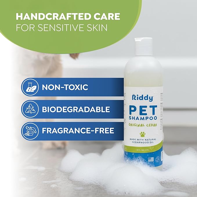 Riddy Pet Shampoo, Handmade Essential Oil Cleanser for Pets, Fragrance Free Moisturizing Formula, Safe for Sensitive Skin with Cedarwood, 1 Pint