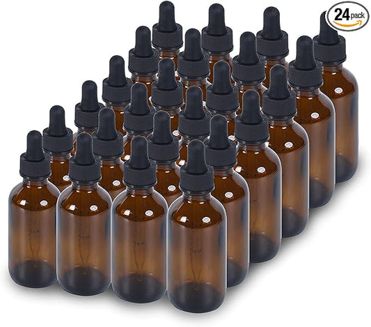 2 oz Dropper Bottle 24 Pack Amber Glass Boston Bottles 60ml with Eye Droppers Black Caps for Essential Oils, Perfume, Leak Proof Travel Bottles for Liquids